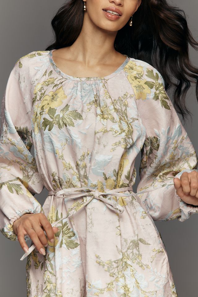 Long-Sleeve Scoop-Neck Brocade Mini Dress by Siempre, Size: XXS at Anthropologie