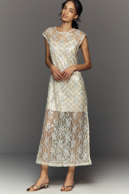 Siempre Sequin Sheer Overlay Midi Dress In Green