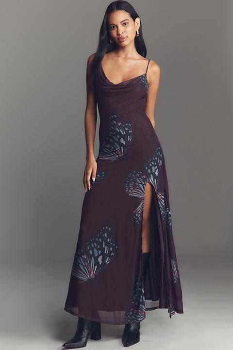 SÆMDI Sleeveless Cowl-Neck Mesh Maxi Dress