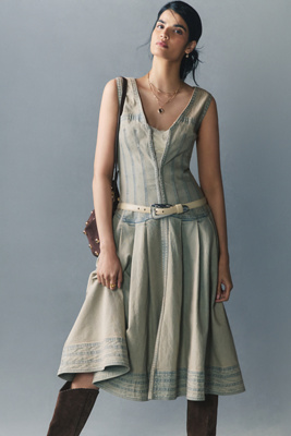 Pilcro Sleeveless V-neck Corset A-line Midi Dress In Gray