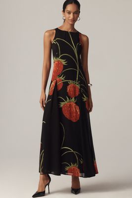 Mac Duggal Strapless Brocade Floral Ruffle-Hem A-Line Maxi Dress