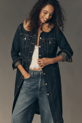 Levi's Faux Fur Collar Belted Denim Coat Jacket In Blue