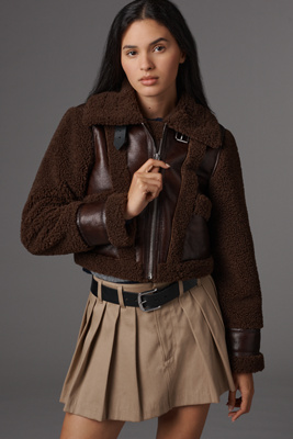 Blanknyc Head Start Crop Sherpa Fleece Jacket In Brown