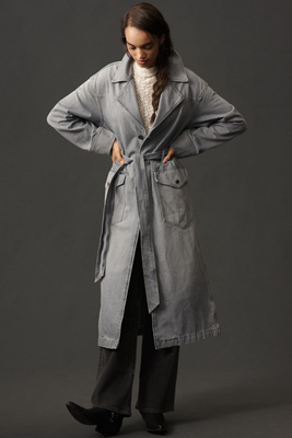 Wrangler Western Denim Trench Coat Jacket In Gray