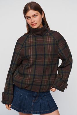 By Anthropologie Plaid Funnel-Neck Jacket