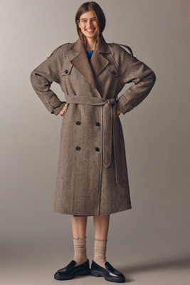 Line & Dot Henry Plaid Wool Blend Trench Coat Jacket In Brown
