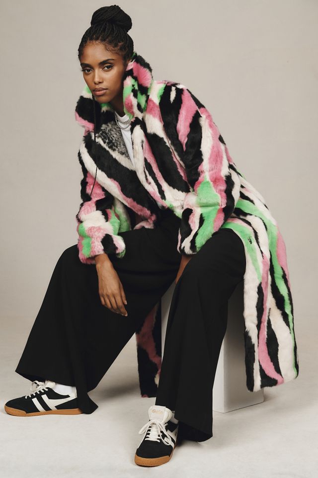 Jakke Katie Faux Fur Multi Stripe Long Coat #2