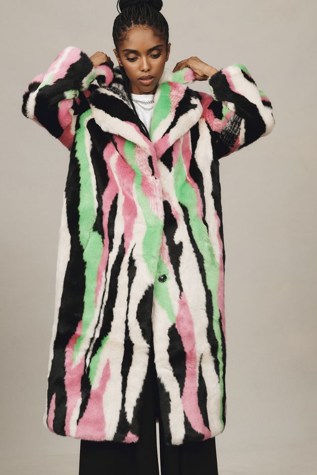 Jakke Katie Faux Fur Multi Stripe Long Coat #4
