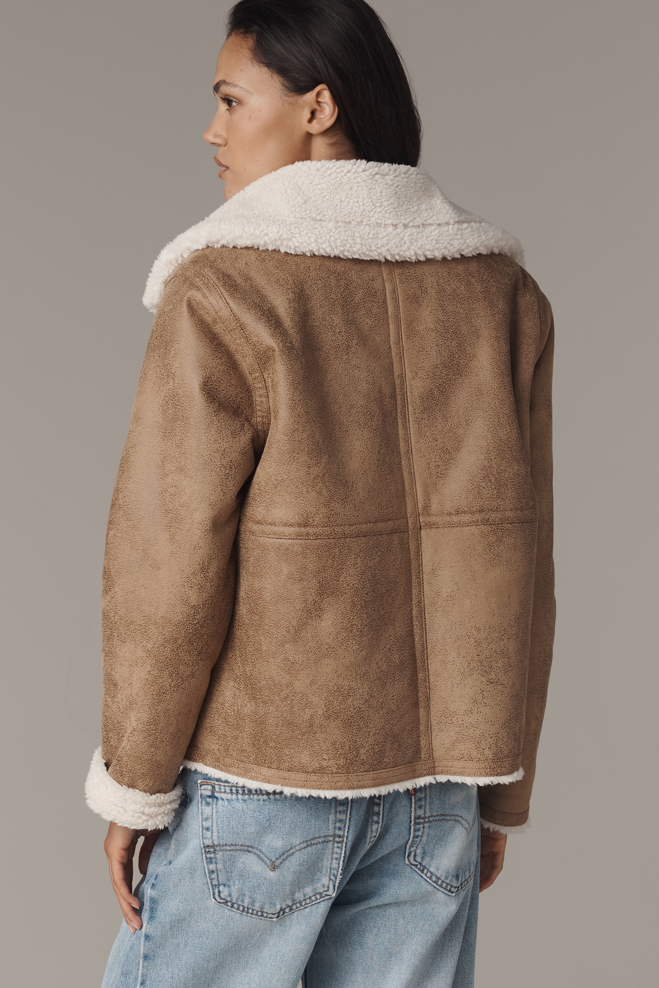 Bernardo Distressed Faux-Suede Sherpa Fleece Jacket