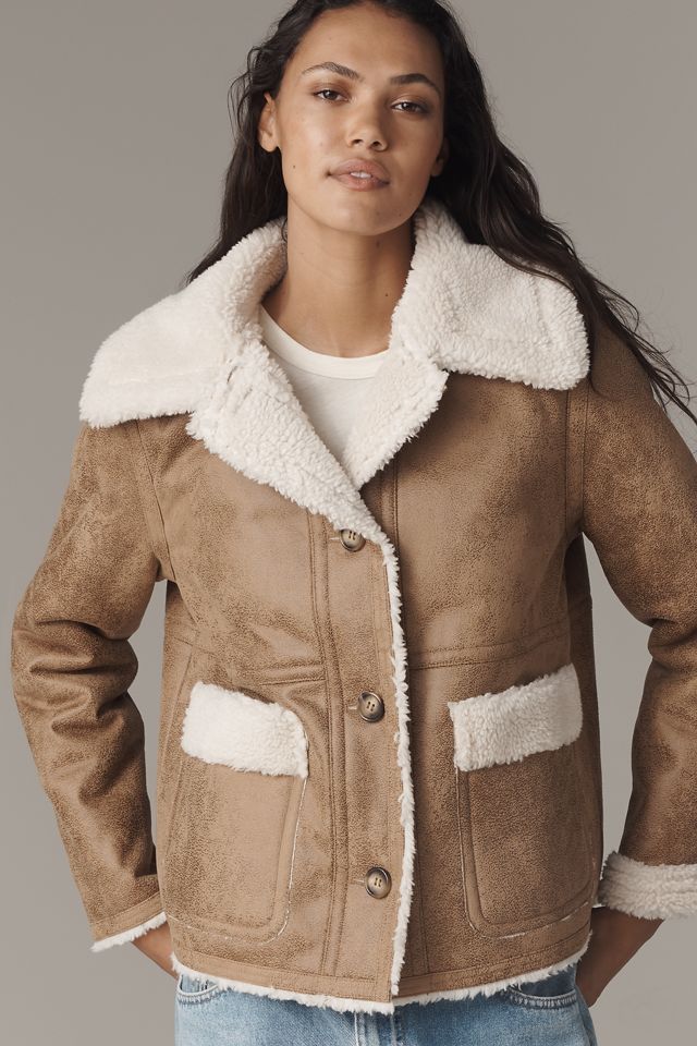 Bernardo Distressed Faux-Suede Sherpa Fleece Jacket #4