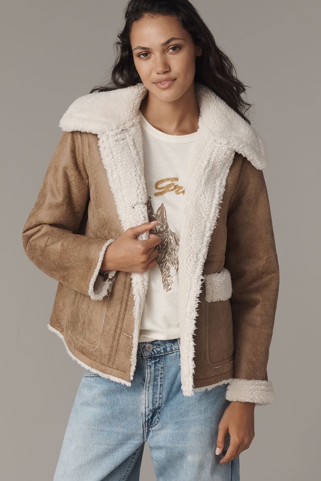 Bernardo Distressed Faux-Suede Sherpa Fleece Jacket #1