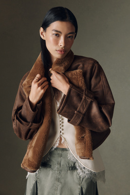 Bernardo Distressed Faux-Shearling Crop Trench Coat product page