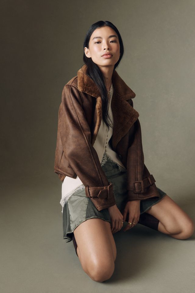 Bernardo Distressed Faux-Shearling Crop Trench Coat #1