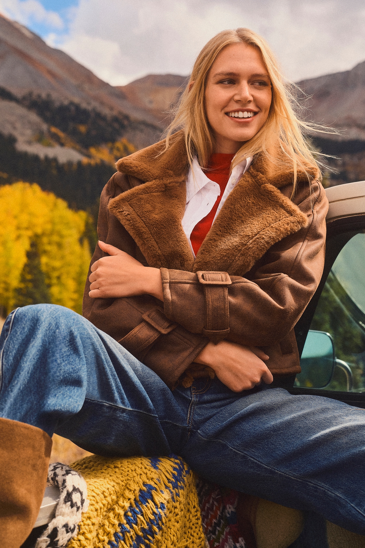 Bernardo Distressed Faux-Shearling Crop Trench Coat