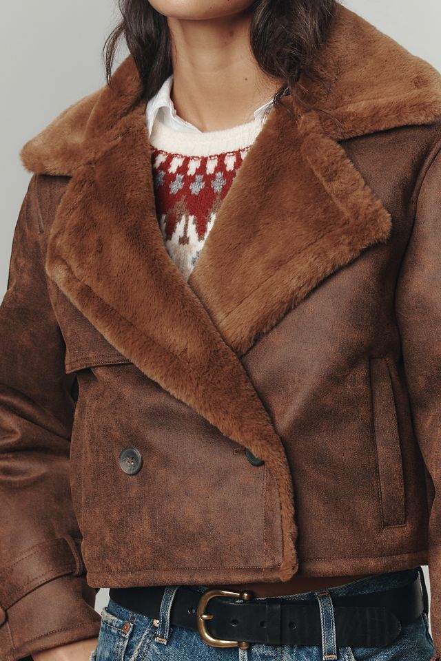 Bernardo Distressed Faux-Shearling Crop Trench Coat #4
