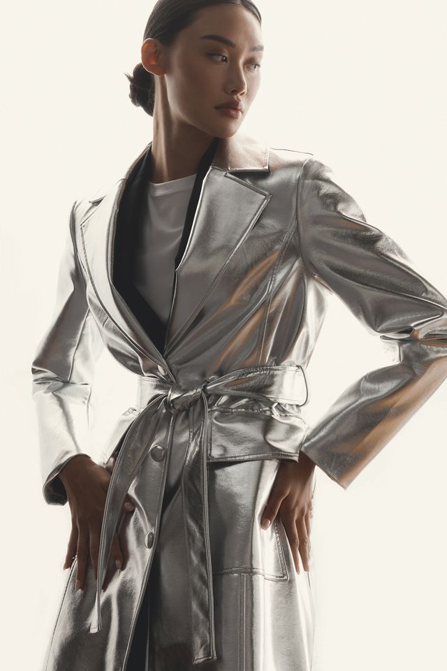 Avec Les Filles Metallic Faux Leather Trench Coat #3