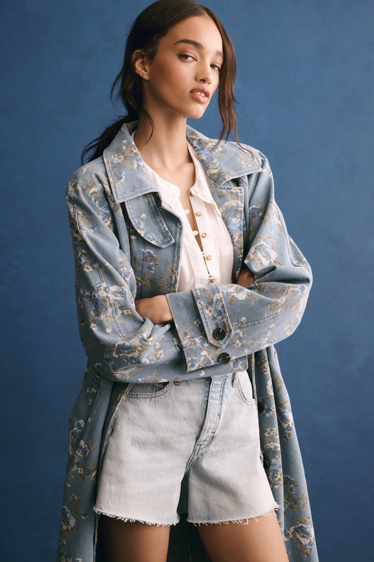 Avec Les Filles Printed Denim Trench Coat