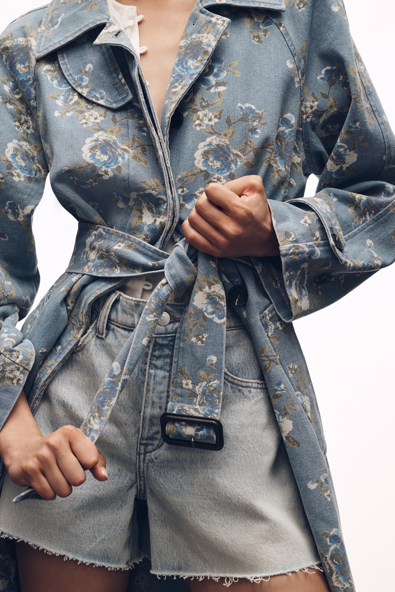 Avec Les Filles Printed Denim Trench Coat