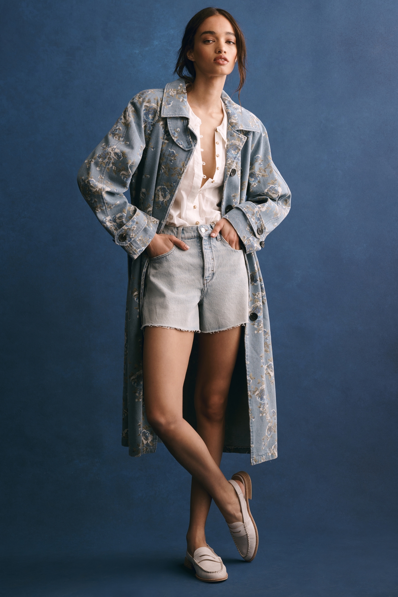 Avec Les Filles Printed Denim Trench Coat