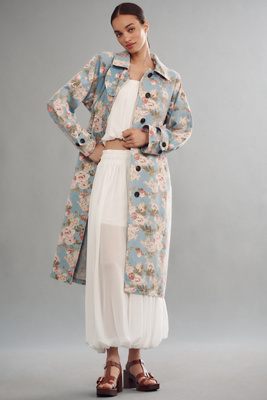 Shop Avec Les Filles Printed Denim Trench Coat Jacket In Blue