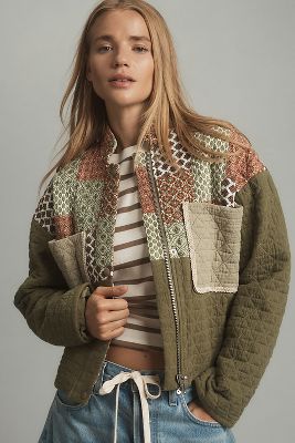 Shop Avec Les Filles Printed Patchwork Jacket In Green