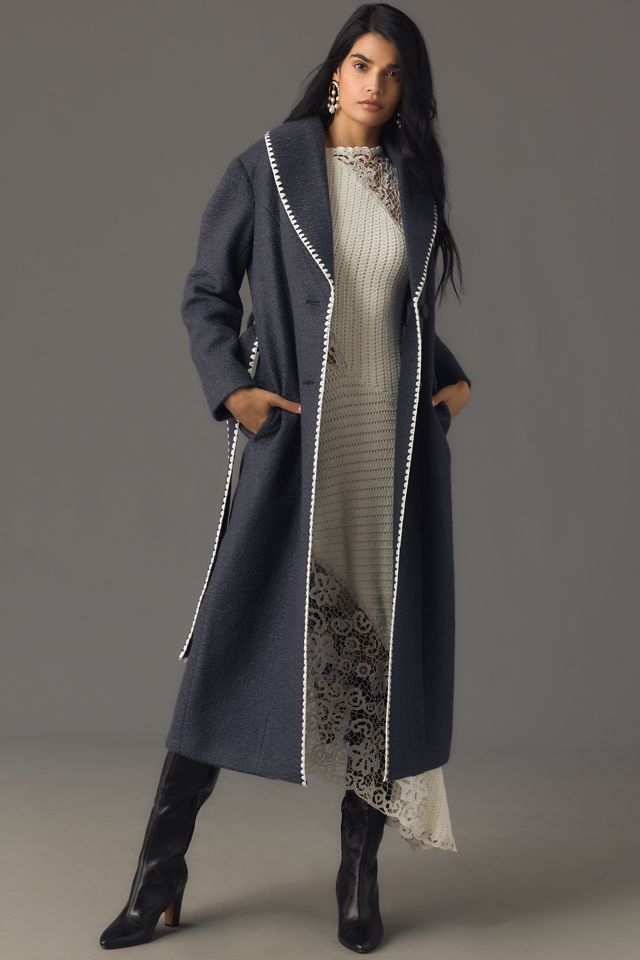 Avec Les Filles Blanket-Stitch Belted Shawl-Collar Coat  #1