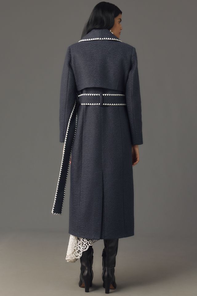Avec Les Filles Blanket-Stitch Belted Shawl-Collar Coat  #2