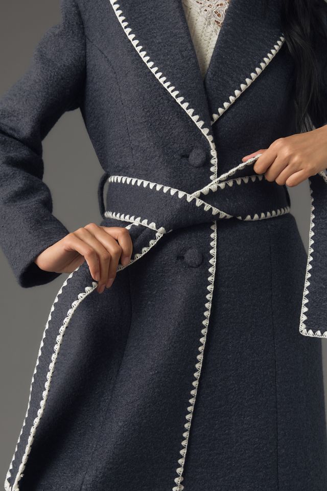 Avec Les Filles Blanket-Stitch Belted Shawl-Collar Coat  #3