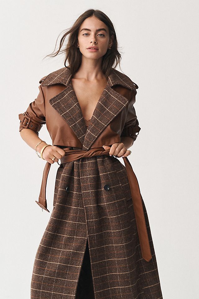 Avec Les Filles Plaid Faux-Leather Belted Trench Coat Avec Les Filles Plaid Faux-Leather Belted Trench Coat