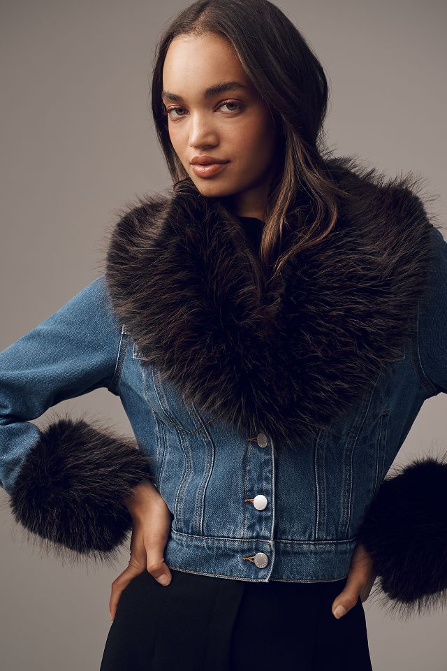 Denim jean jacket with fur collar best sale