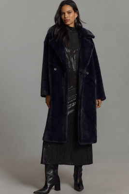 Shop Avec Les Filles Luxe Faux-fur Long Coat Jacket In Blue