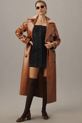 Shop Avec Les Filles Glazed Faux-ever Leather Belted Trench Coat Jacket In Brown