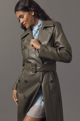 Avec Les Filles Faux Leather Utility Trench Coat Jacket In Green