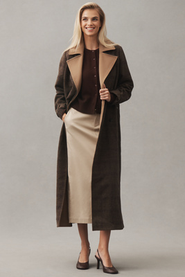 Avec Les Filles Belted Plaid Long Coat Jacket In Brown