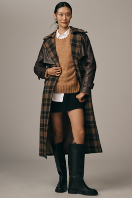Avec Les Filles Faux-leather Oversized Plaid Trench Coat Jacket In Multi
