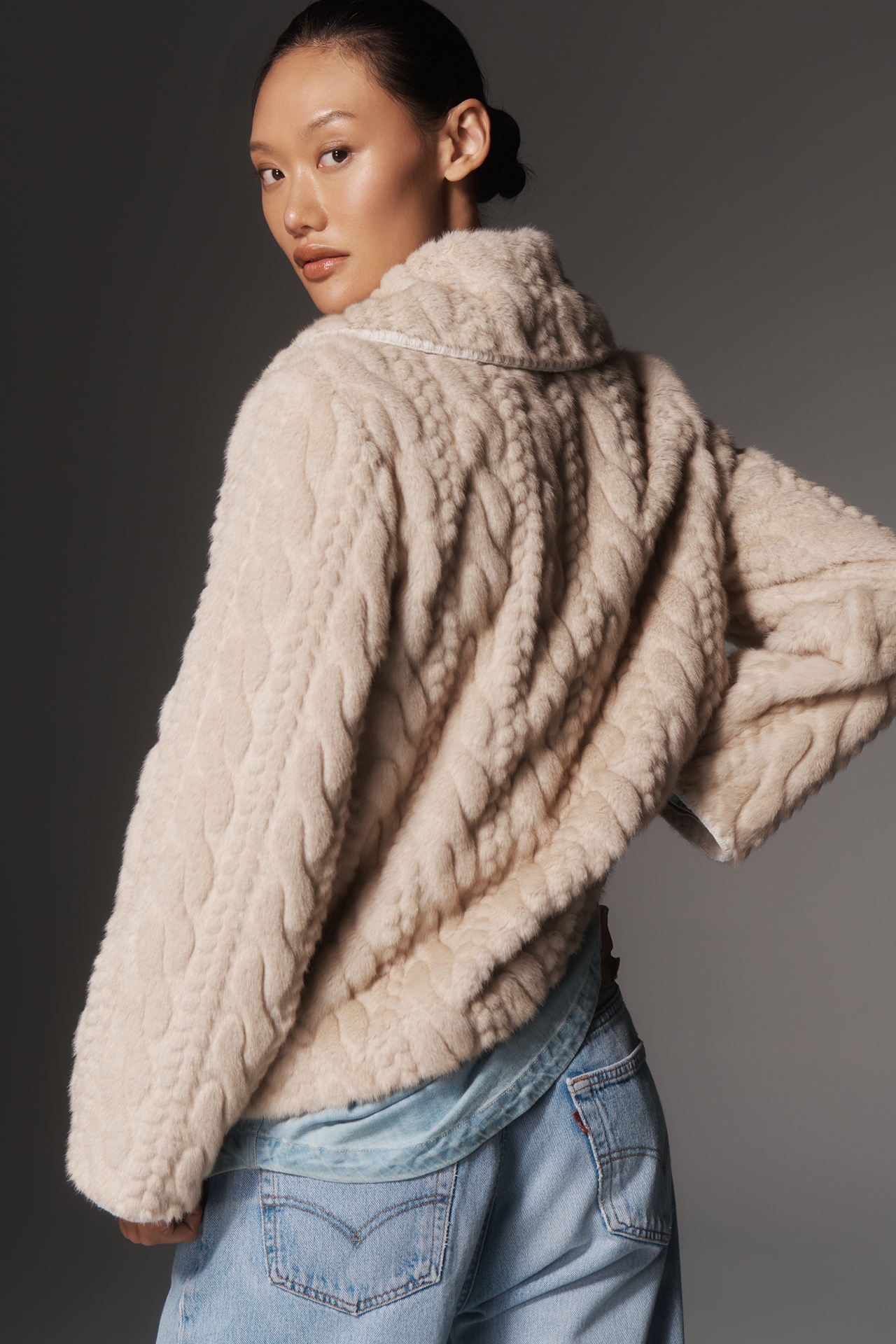 Avec Les Filles Faux Fur Cable-Knit Jacket