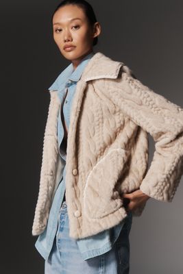 Avec Les Filles Faux-Fur Cable-Knit Jacket
