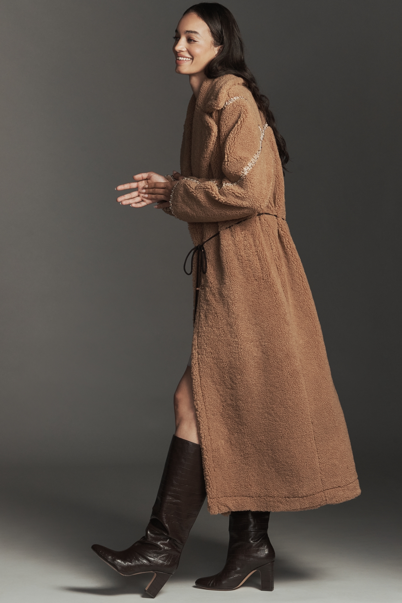 Avec Les Filles Beaded Belted Faux Fur Coat