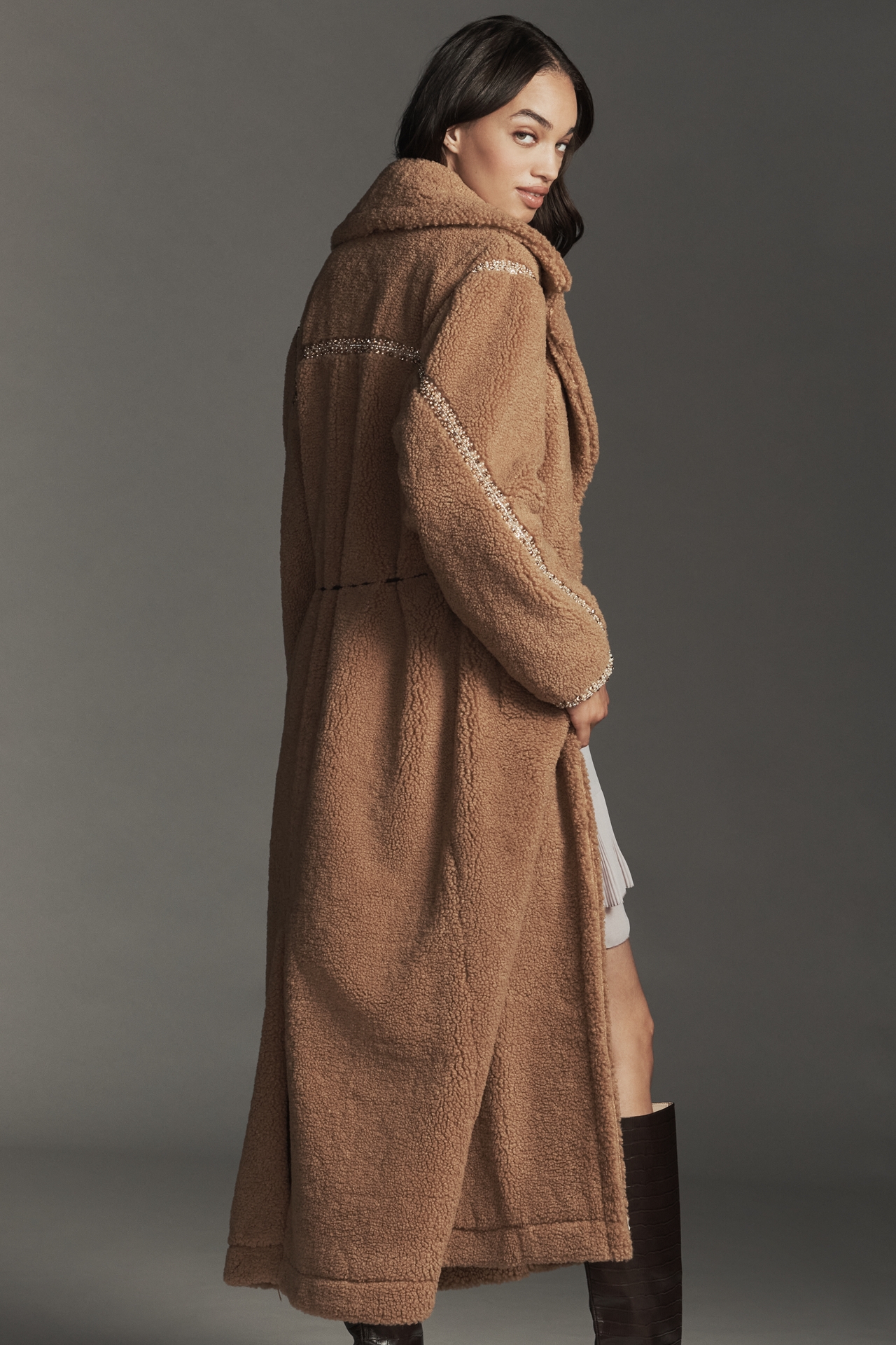 Avec Les Filles Beaded Belted Faux Fur Coat