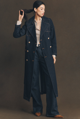 Avec Les Filles Belted Utility Denim Trench Coat Jacket In Blue