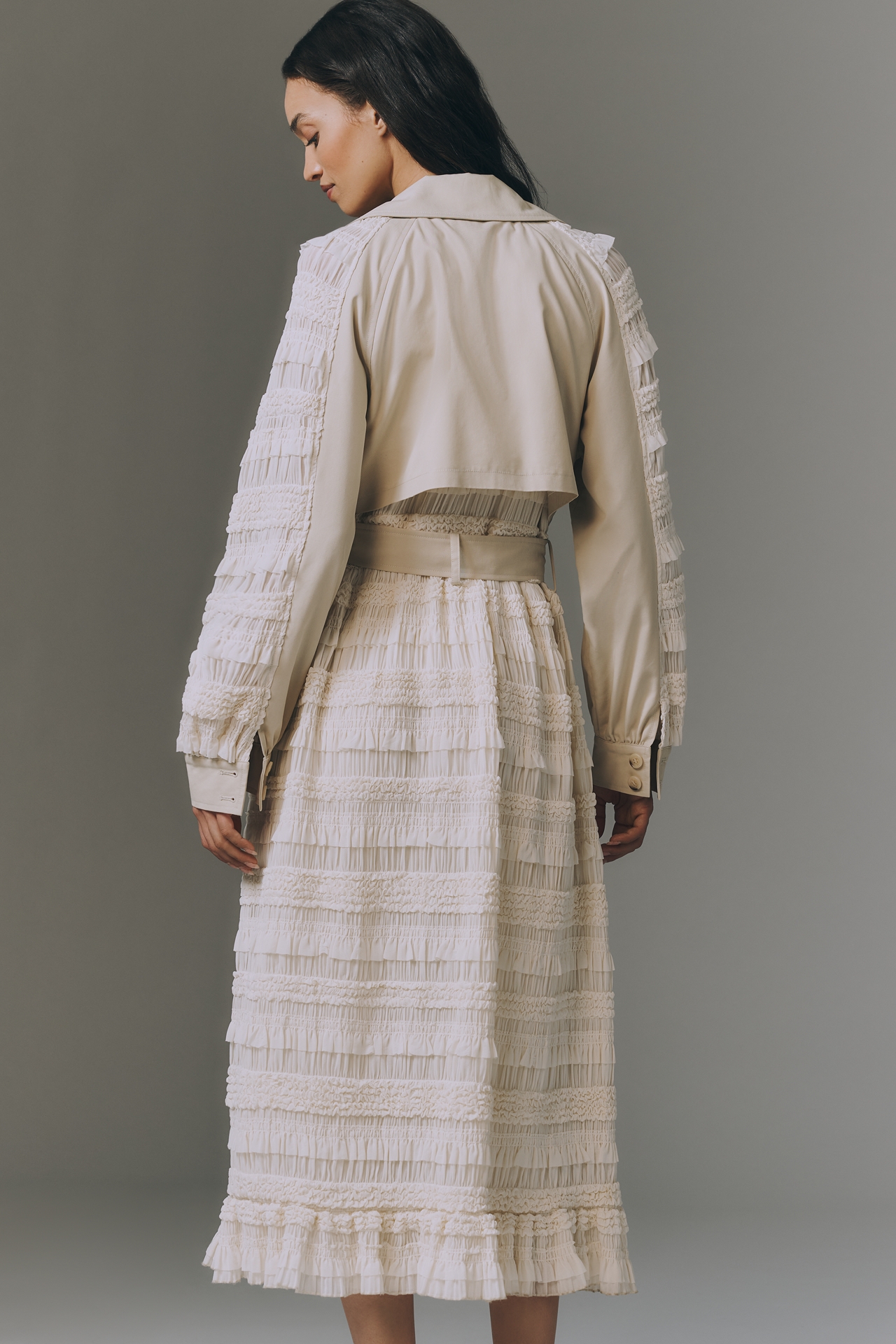 Avec Les Filles Ruffled Fabric-Mix Trench Coat