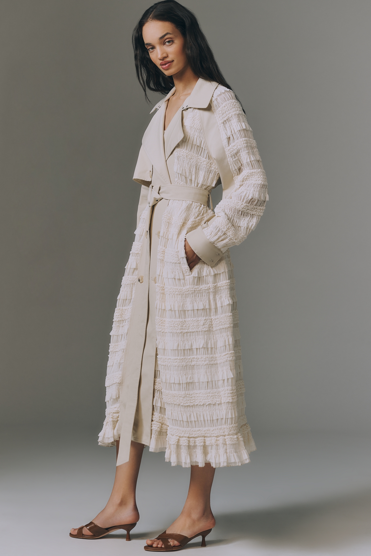 Avec Les Filles Ruffled Fabric-Mix Trench Coat