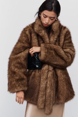 Avec Les Filles Faux Fur Funnel Neck Coat