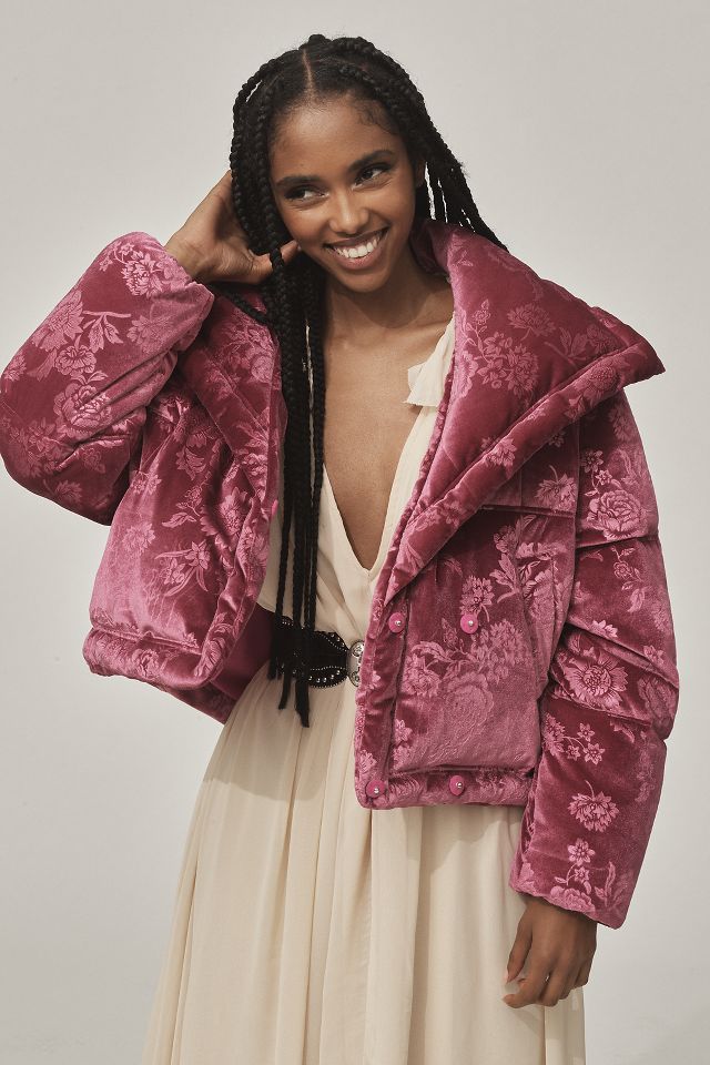 Pink velvet upsidedown puffer jacket