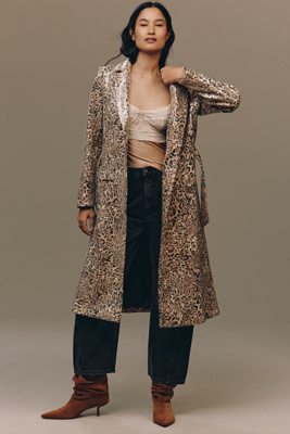 Hutch Hana Sequin Leopard Belted Coat Jacket In Brown
