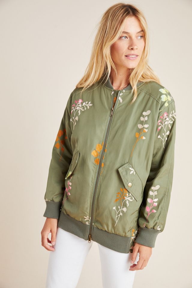 NWT New $198 Anthropologie Clemence Embroidered Floral Blue Bomber Jacket  XS