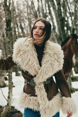 Maeve Belted Faux-fur Coat Jacket In Neutral
