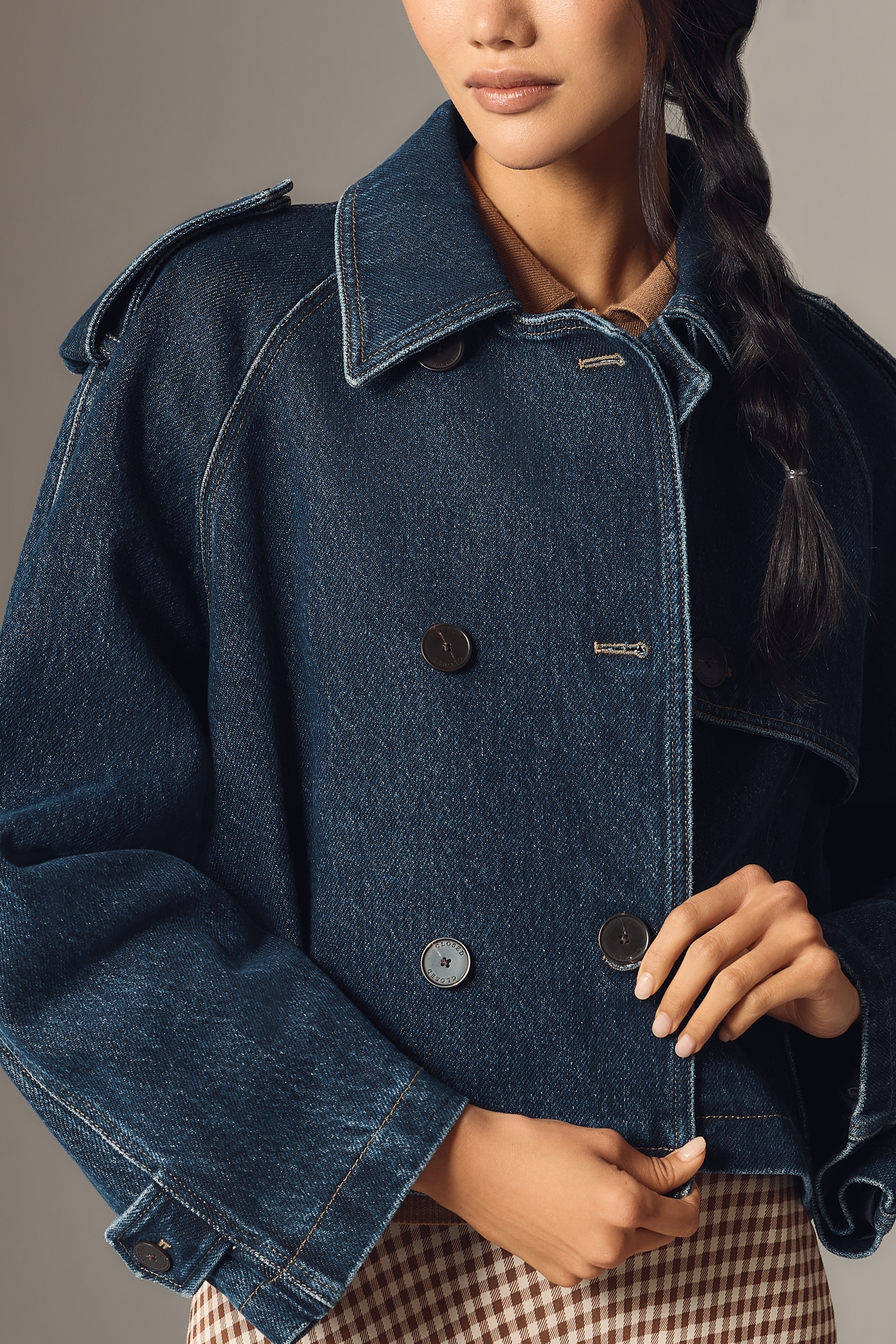 Closed Cropped Denim Trench Coat