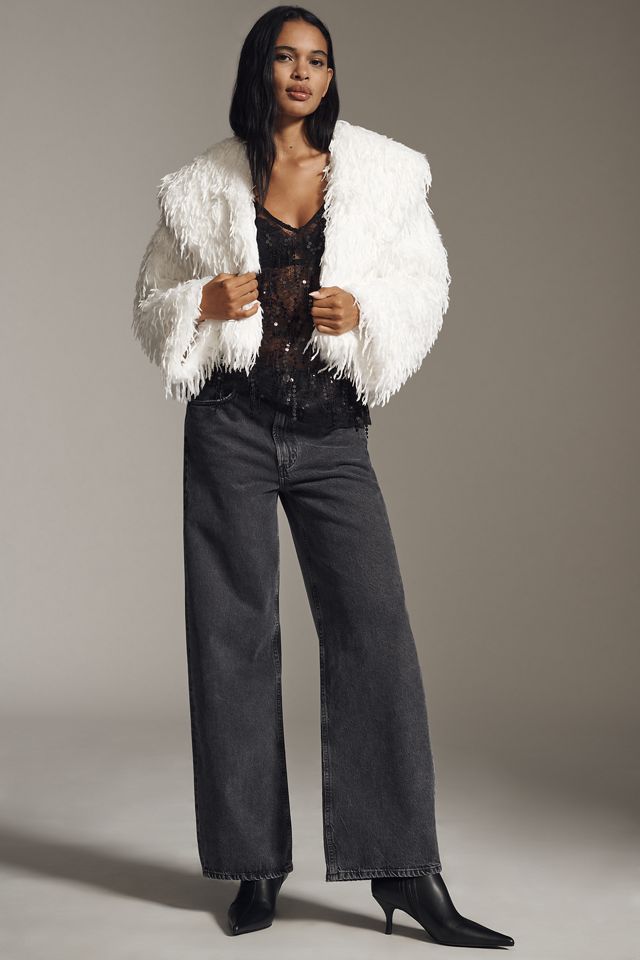 By Anthropologie Faux-Feather Fuzzy Crop Jacket #3
