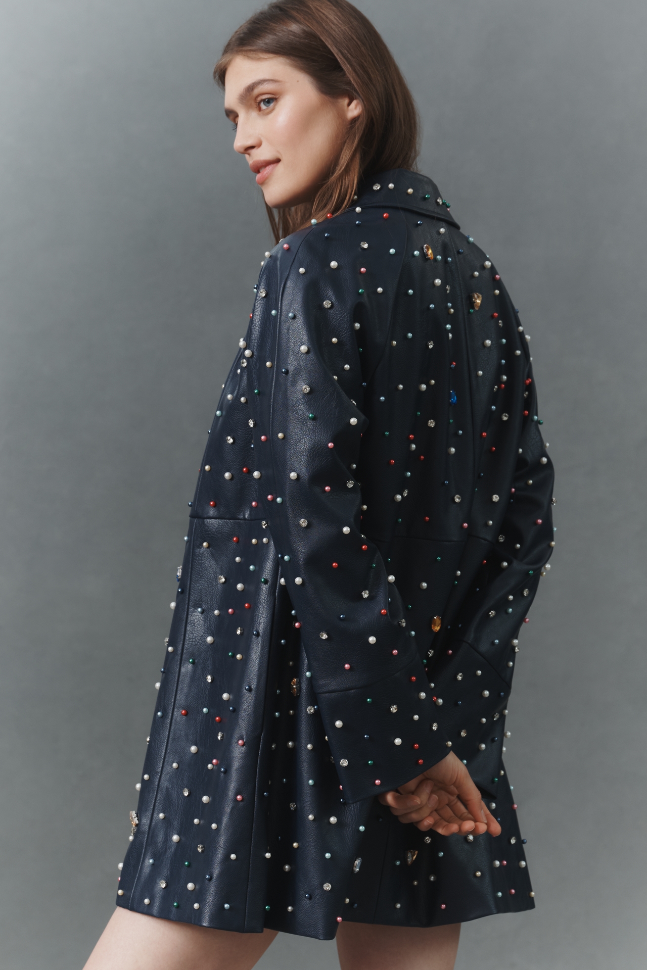 Maeve Embellished Faux-Leather Car Coat